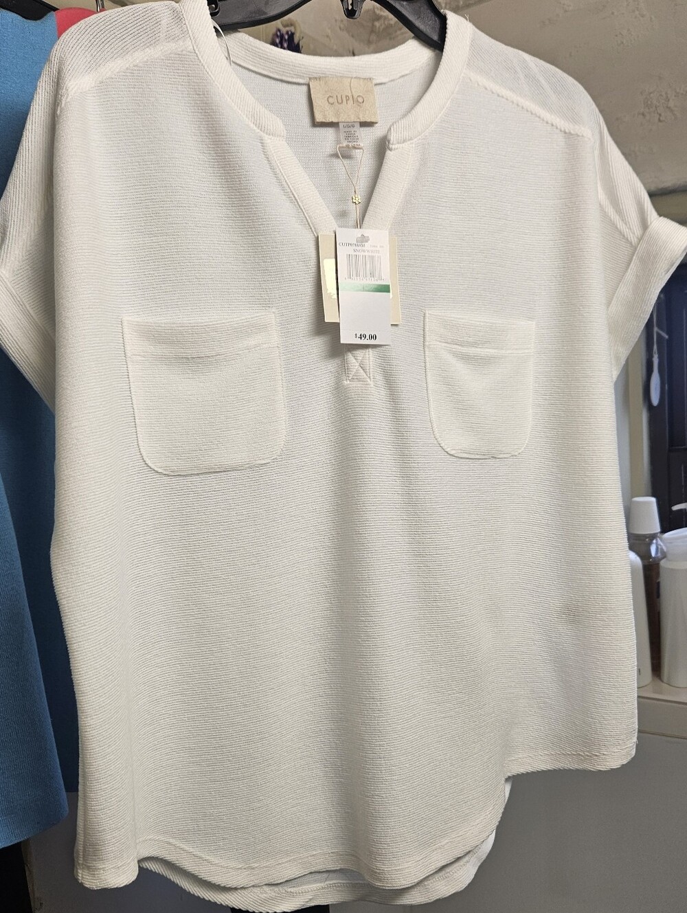 Cupio Cream Textured Short Sleeve Pocket Top